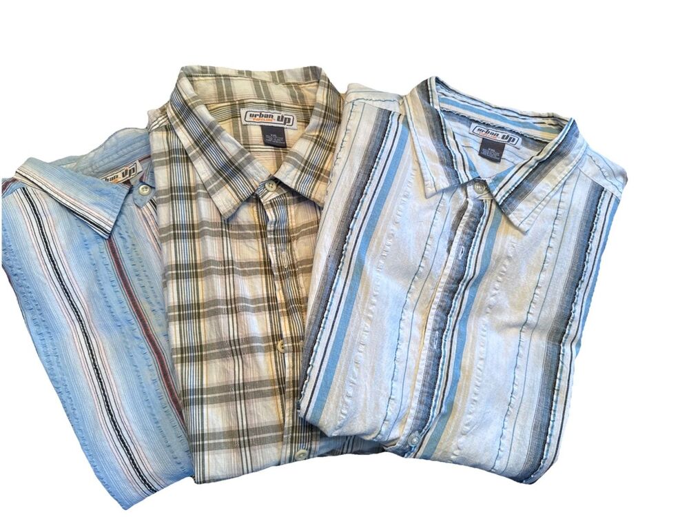 [Lot of 3]Urban Up XXL Men's Casual Button-up Shirt Striped & Plaid Cotton Short